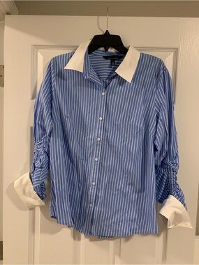 White House Black Market Blue and White Striped Button-Down Shirt